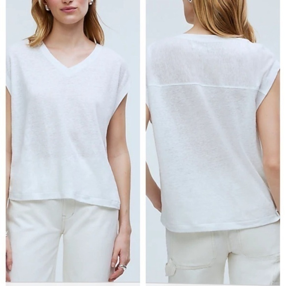 Madewell White Linen Blend V Neck Tee Relaxed XS NWT